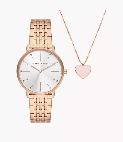 AX7145SET - Armani Exchange Three-Hand Rose Gold-Tone Watch and Necklace Set - Shop Authentic watch(s) from Maybrands - for as low as ₦327000! 