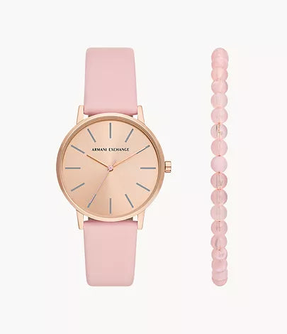 AX7150SET - Armani Exchange Three-Hand Pink Leather Watch and Bracelet Set - Shop Authentic watch(s) from Maybrands - for as low as ₦301500! 