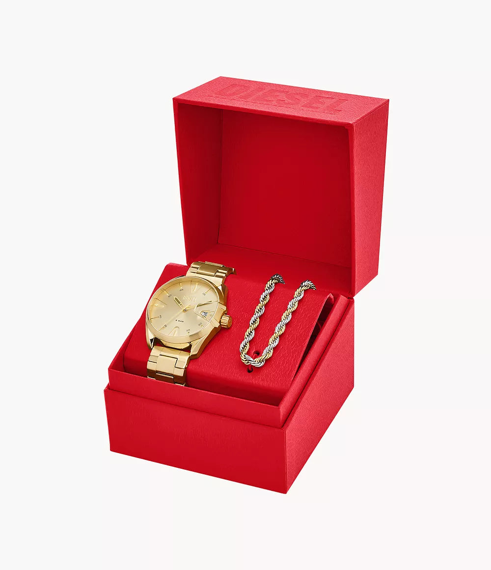 DZ2163SET - Diesel MS9 Three-Hand Date Gold-Tone Stainless Steel Watch and Necklace Set - Shop Authentic watch(s) from Maybrands - for as low as ₦235500! 