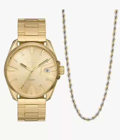 DZ2163SET - Diesel MS9 Three-Hand Date Gold-Tone Stainless Steel Watch and Necklace Set - Shop Authentic watch(s) from Maybrands - for as low as ₦235500! 