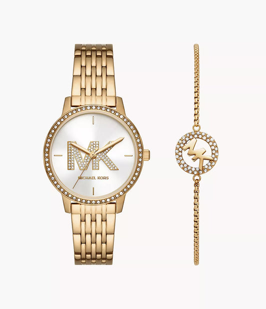 MK1051SET - Michael Kors Three-Hand Gold-Tone Stainless Steel Watch and Slider Bracelet Set - Shop Authentic watches(s) from Maybrands - for as low as ₦437000! 