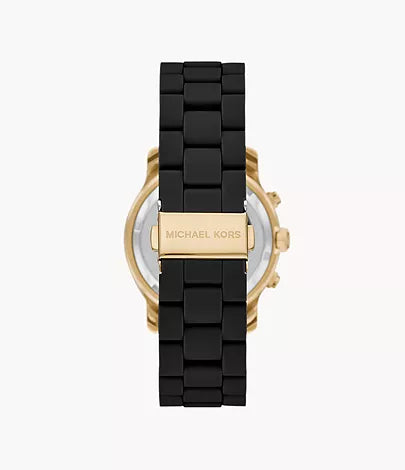 MK7385 - Michael Kors Runway Chronograph Gold-Tone Stainless Steel and Black Silicone Watch - Shop Authentic watch(s) from Maybrands - for as low as ₦366000! 