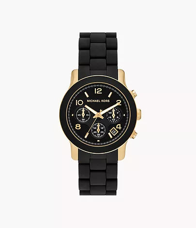 MK7385 - Michael Kors Runway Chronograph Gold-Tone Stainless Steel and Black Silicone Watch - Shop Authentic watch(s) from Maybrands - for as low as ₦366000! 